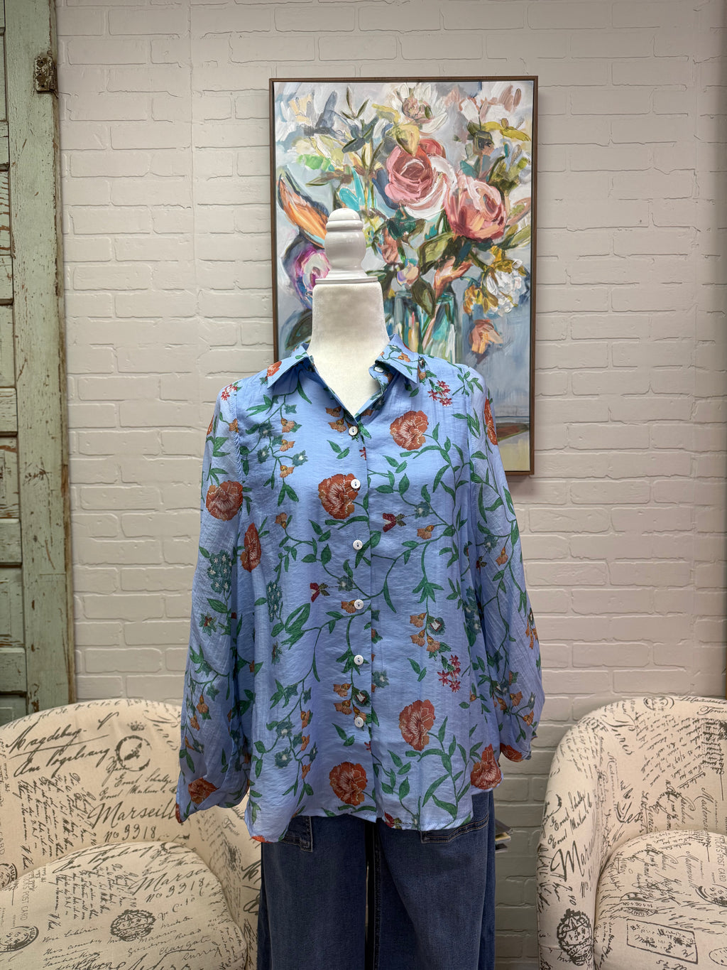 Blue Floral Button Down Blouse