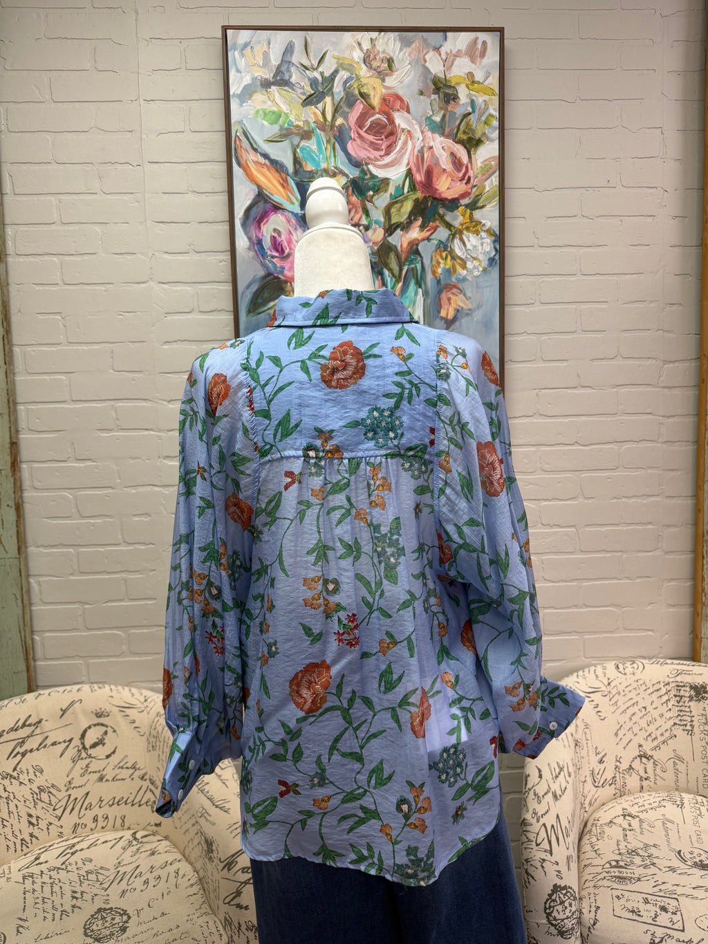 Blue Floral Button Down Blouse