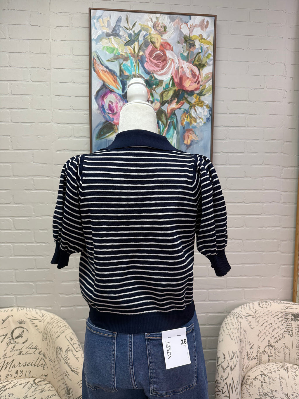 Navy Striped Puff Sleeved Top