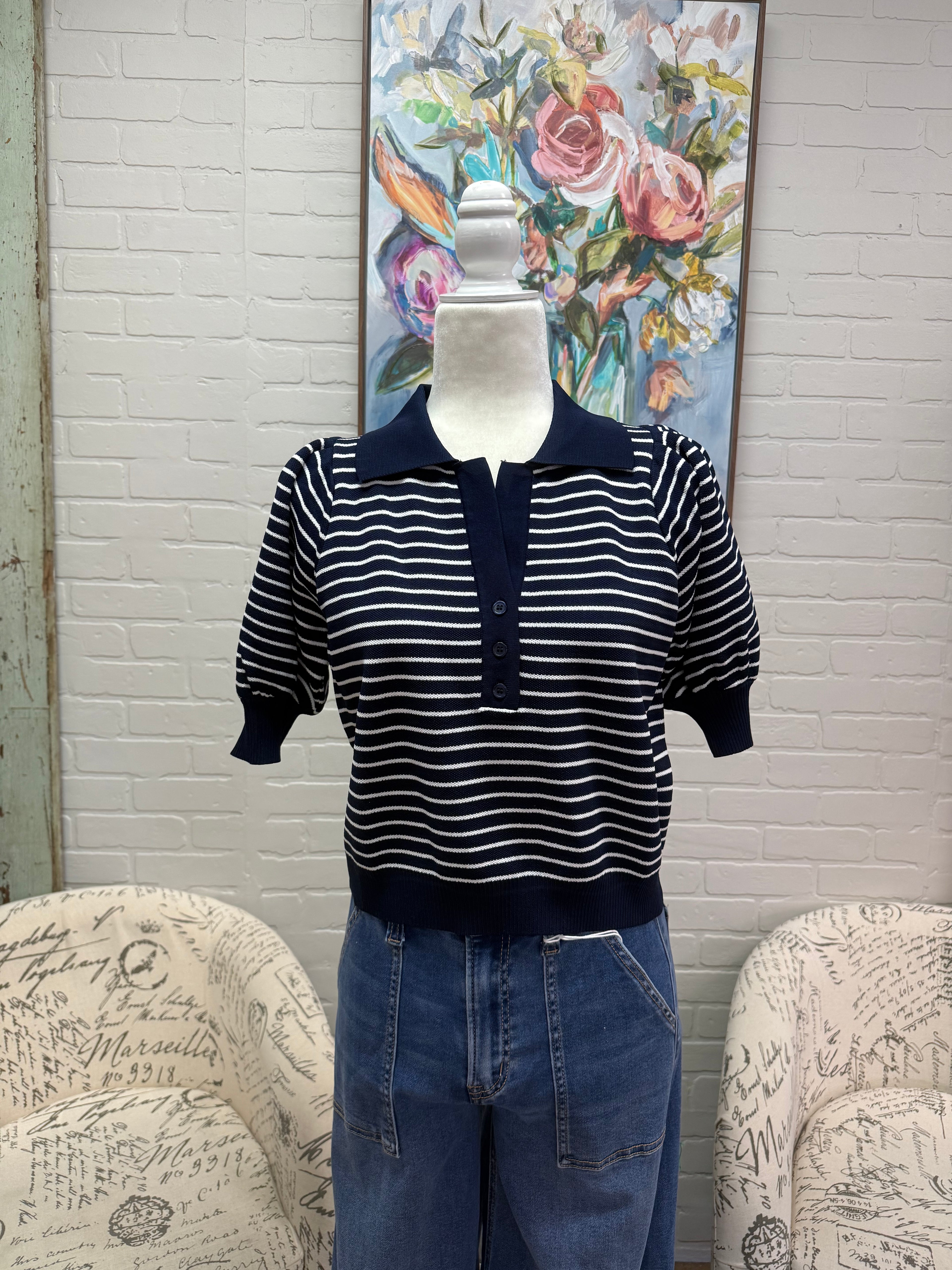 Navy Striped Puff Sleeved Top