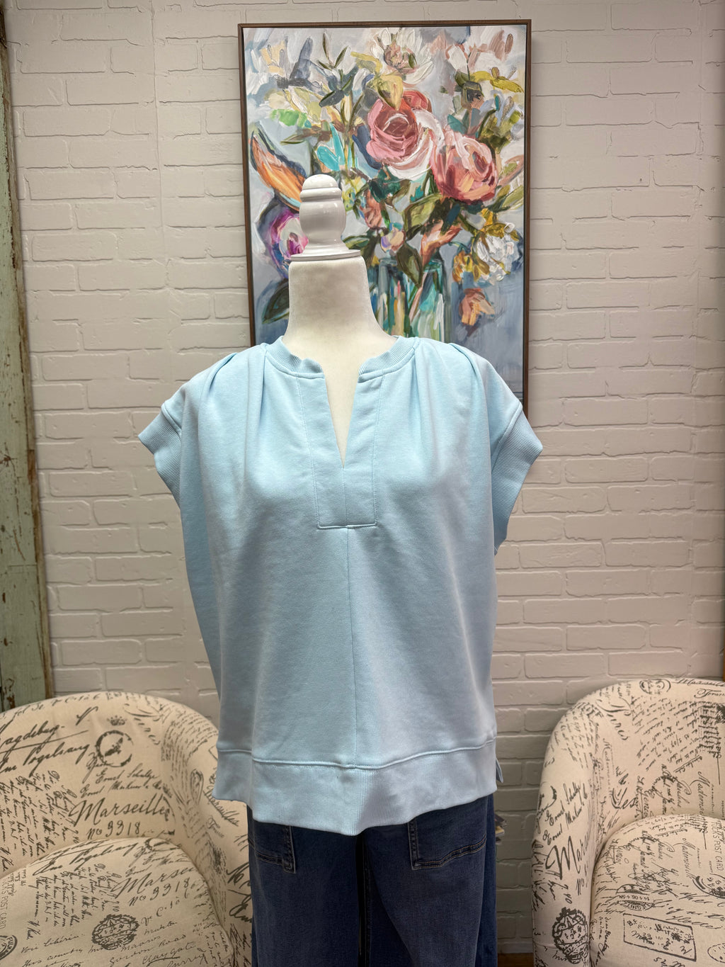 Blue Pleated Split Neck Top