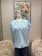 Blue Pleated Split Neck Top