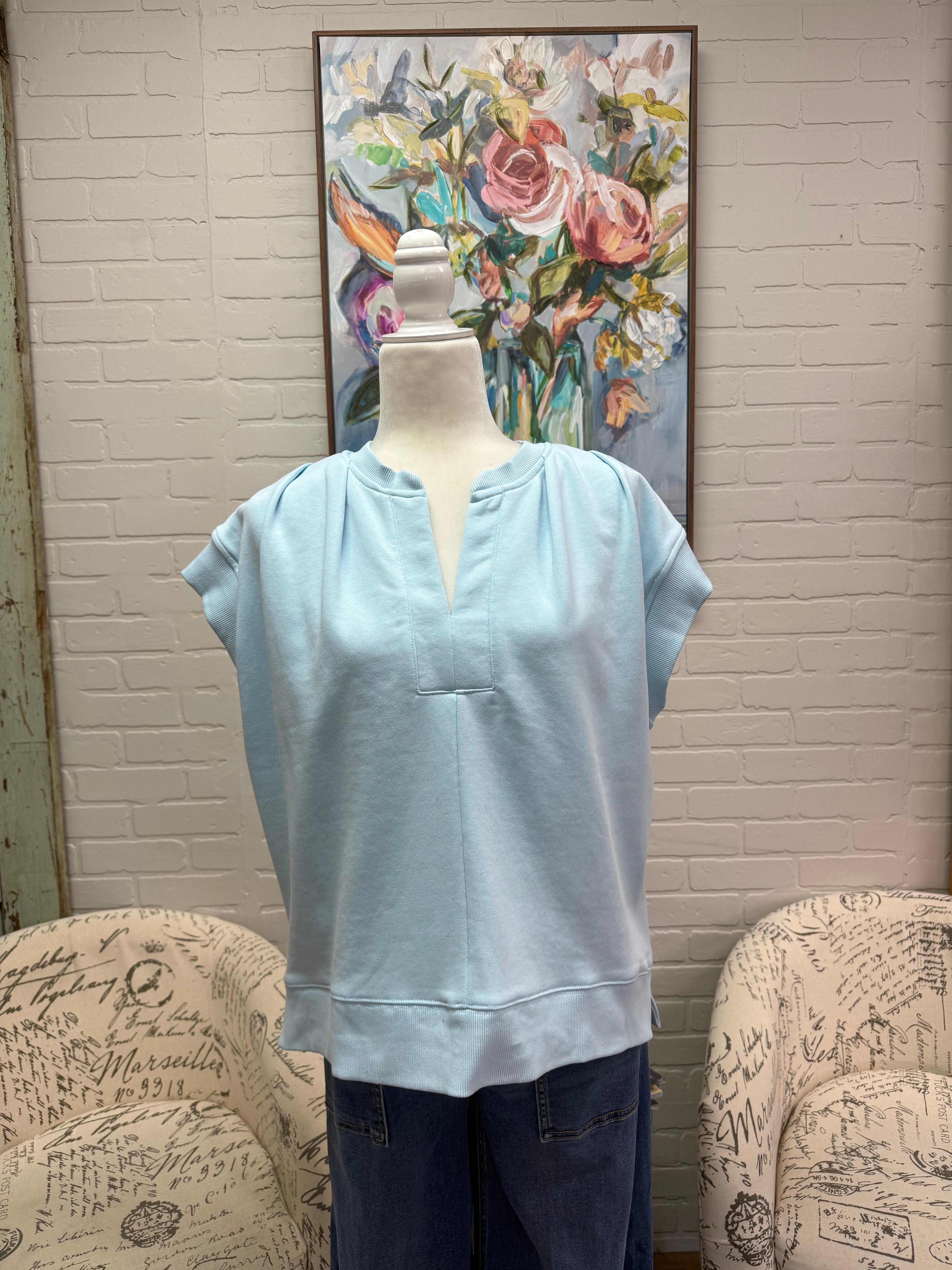 Blue Pleated Split Neck Top
