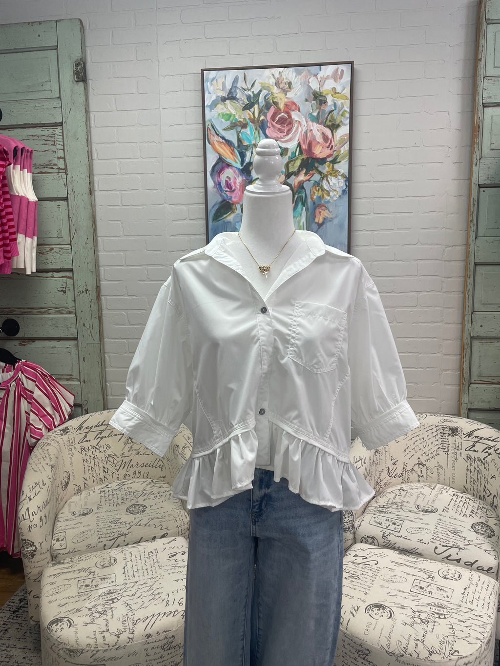 Off White Ruffle Hem Top