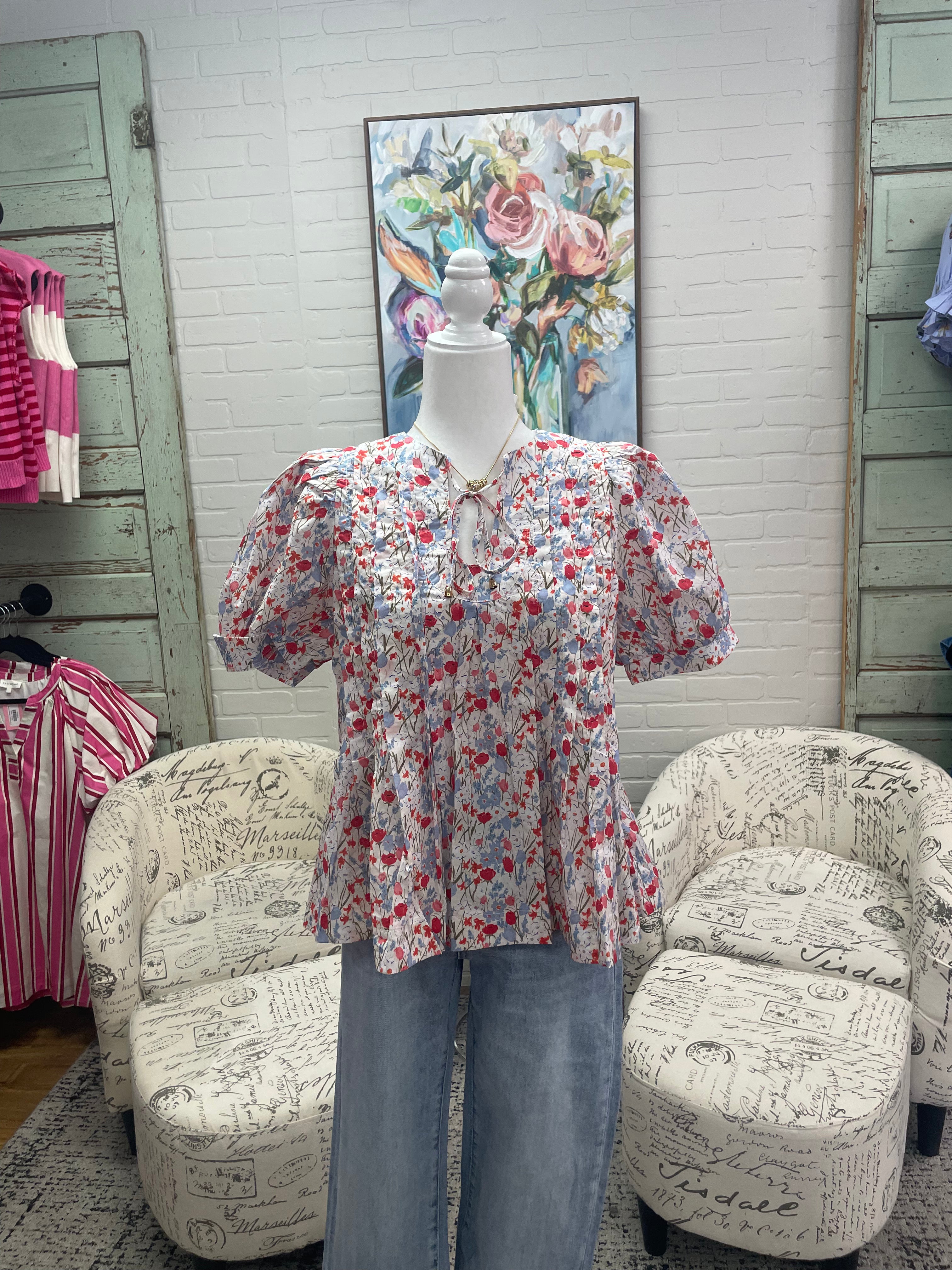 Multi Floral Pleated Top