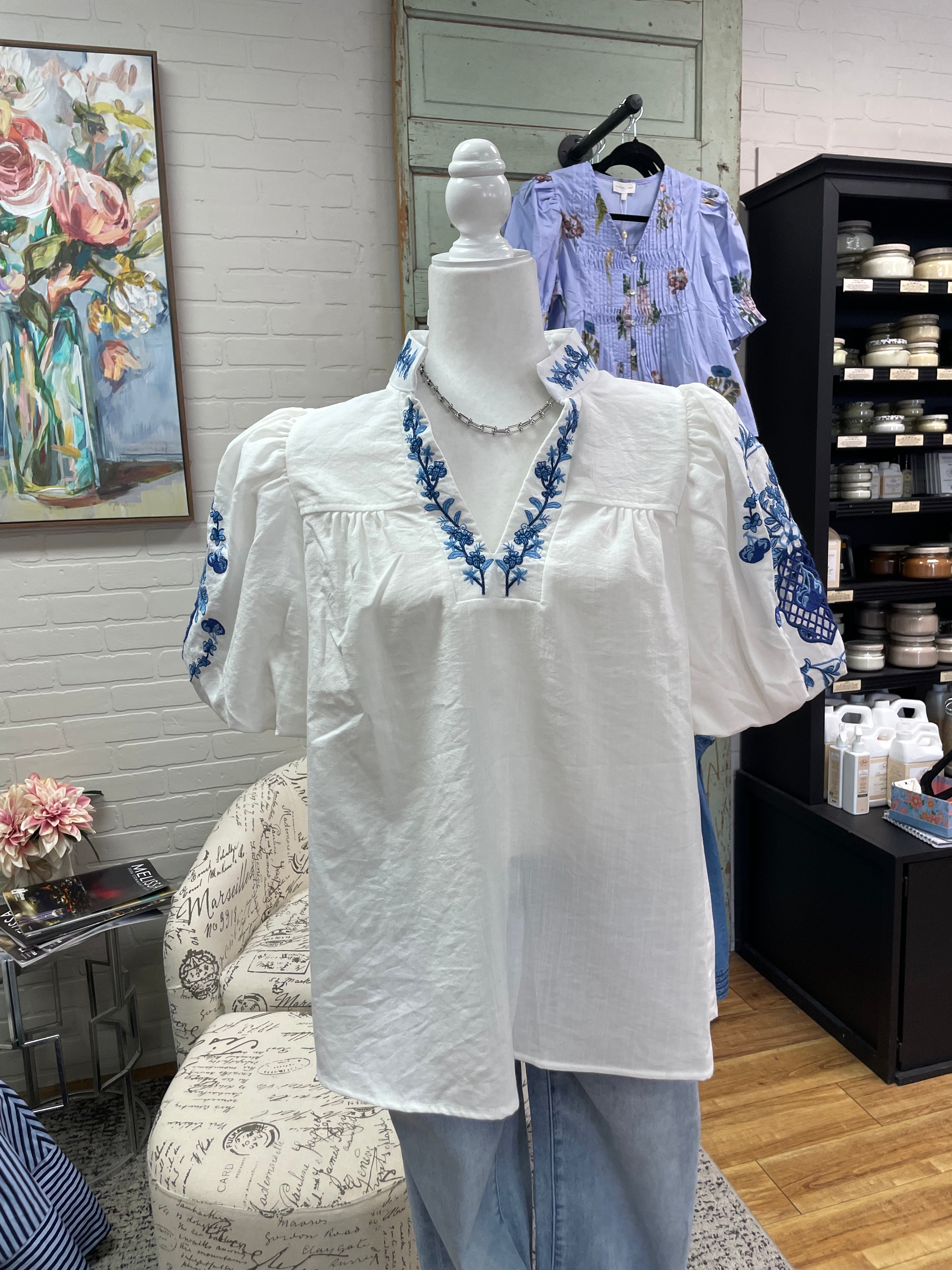 White & Blue Embroidered Blouse