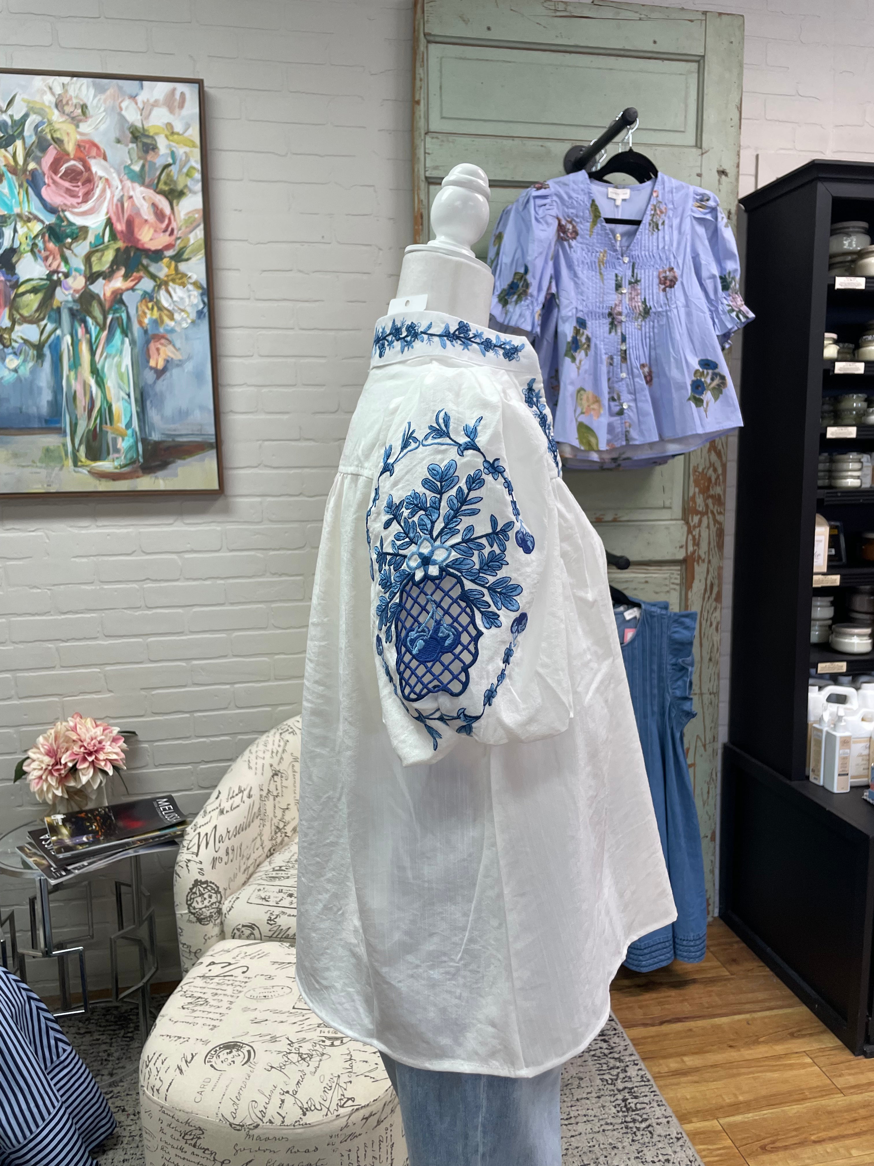White & Blue Embroidered Blouse