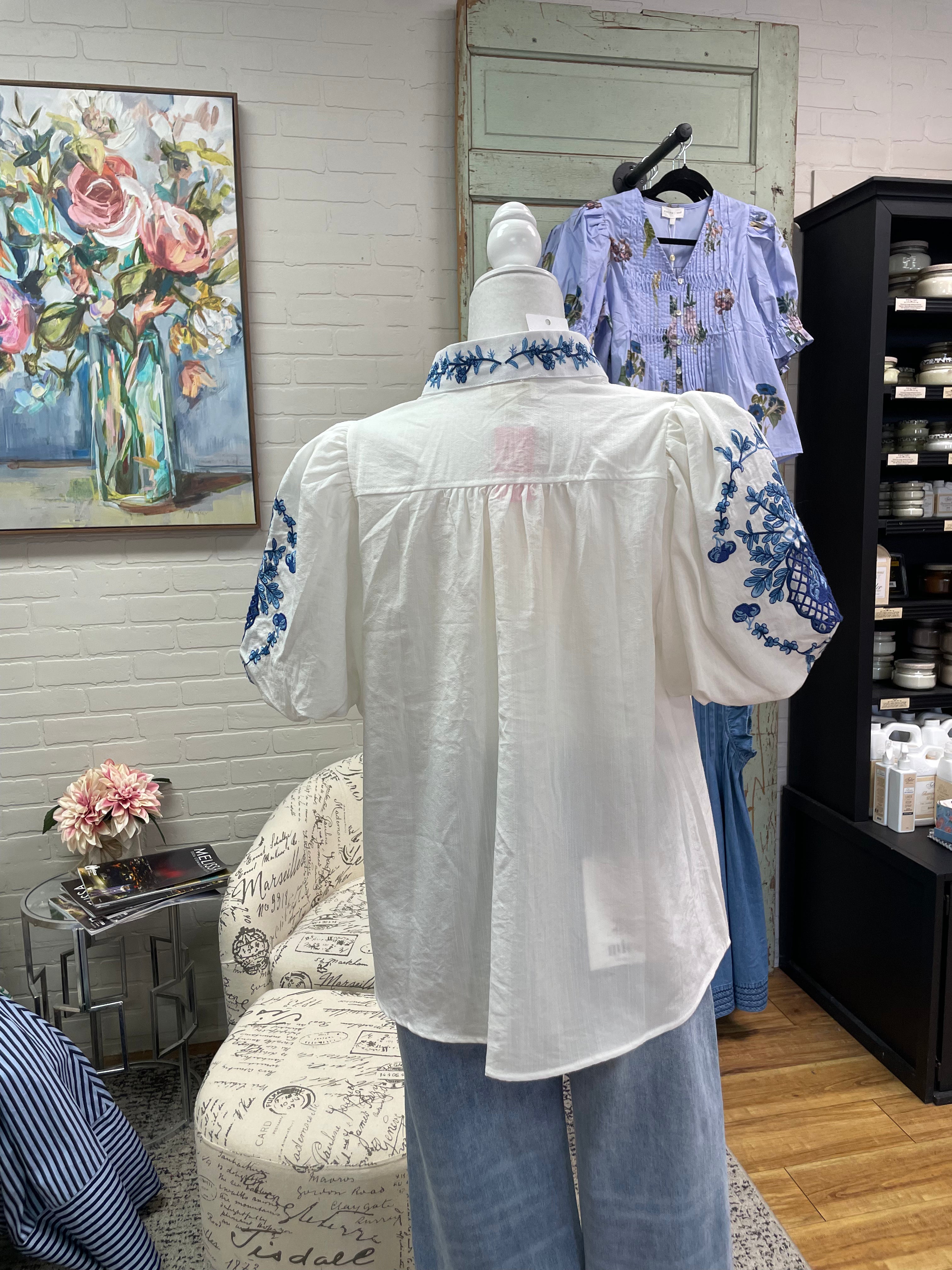 White & Blue Embroidered Blouse