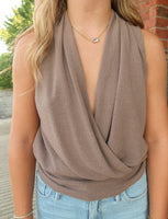 Coffee Sleeveless Surplice Top