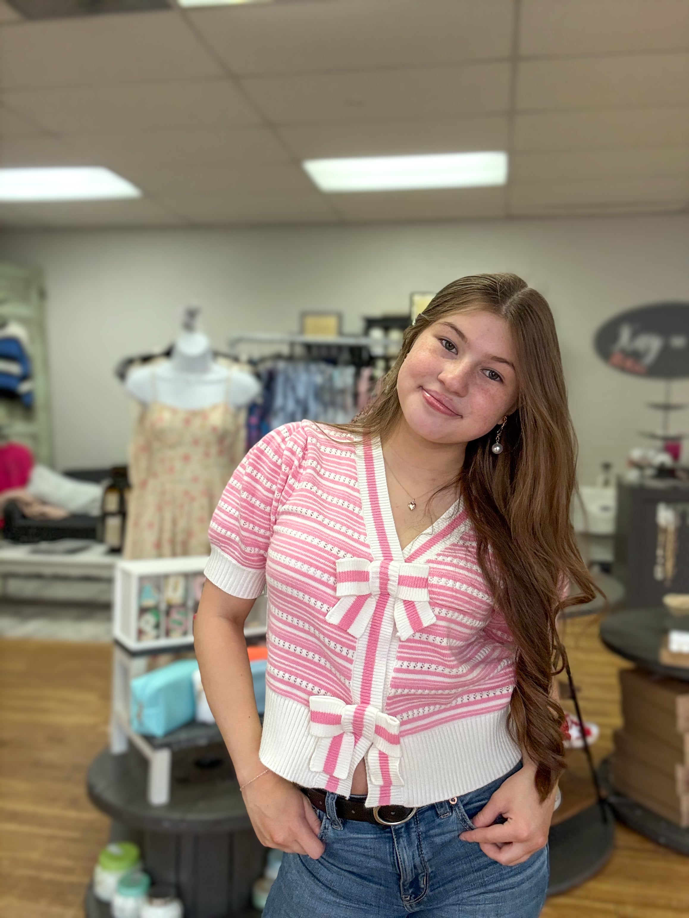 Pink Striped Bow Sweater