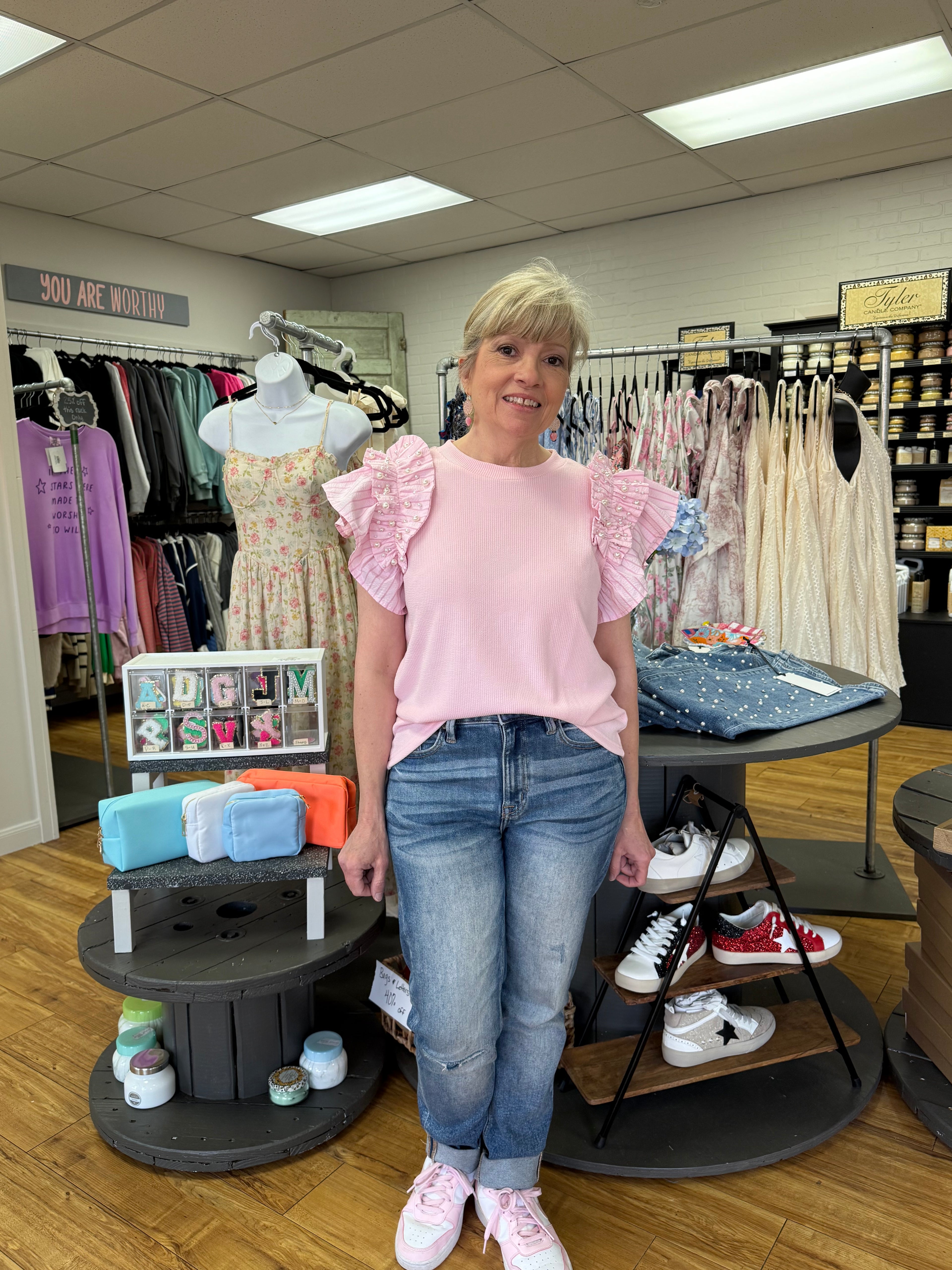 Powder Pink Top w/ Ruffled Pearl Sleeves