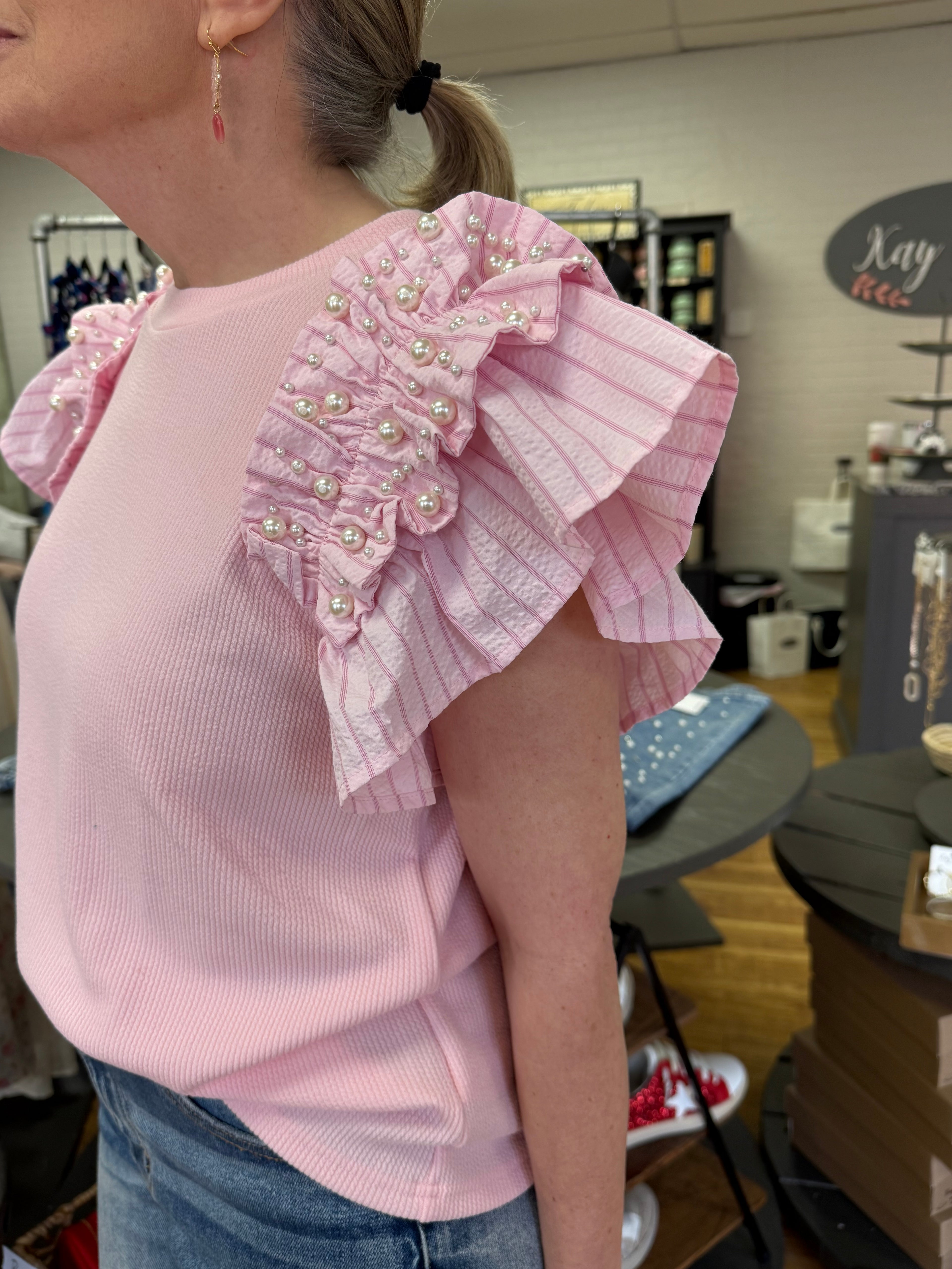 Powder Pink Top w/ Ruffled Pearl Sleeves