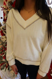 Cream Fuzzy V-Neck Top