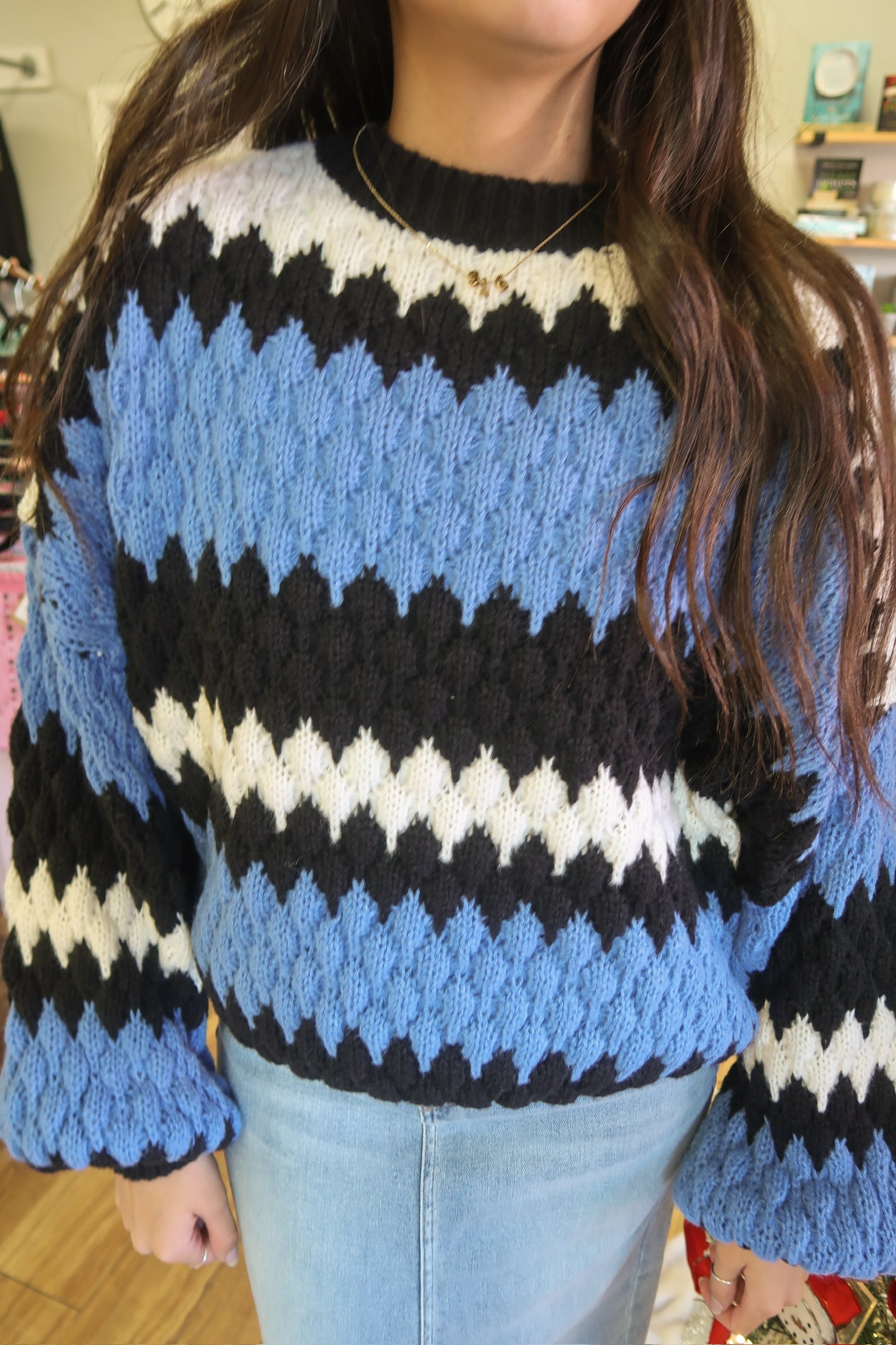 Blue White Black Zig Zag Sweater