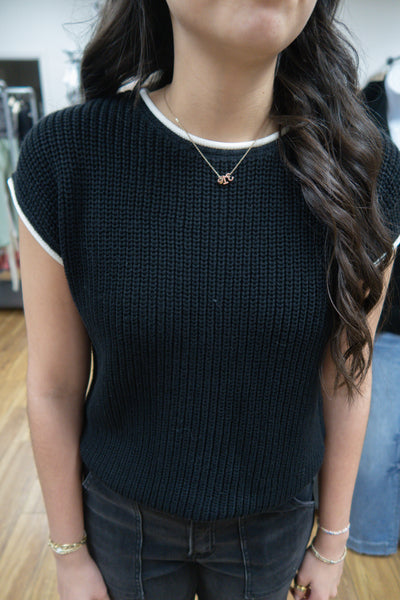 Black Sweater with Ivory Trim and Button