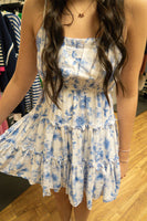 Blue Floral Mini Dress with Back Bow