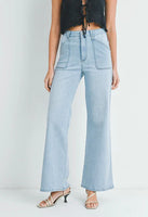 Lt Denim Patch Pocket Wide Leg Flare Jeans