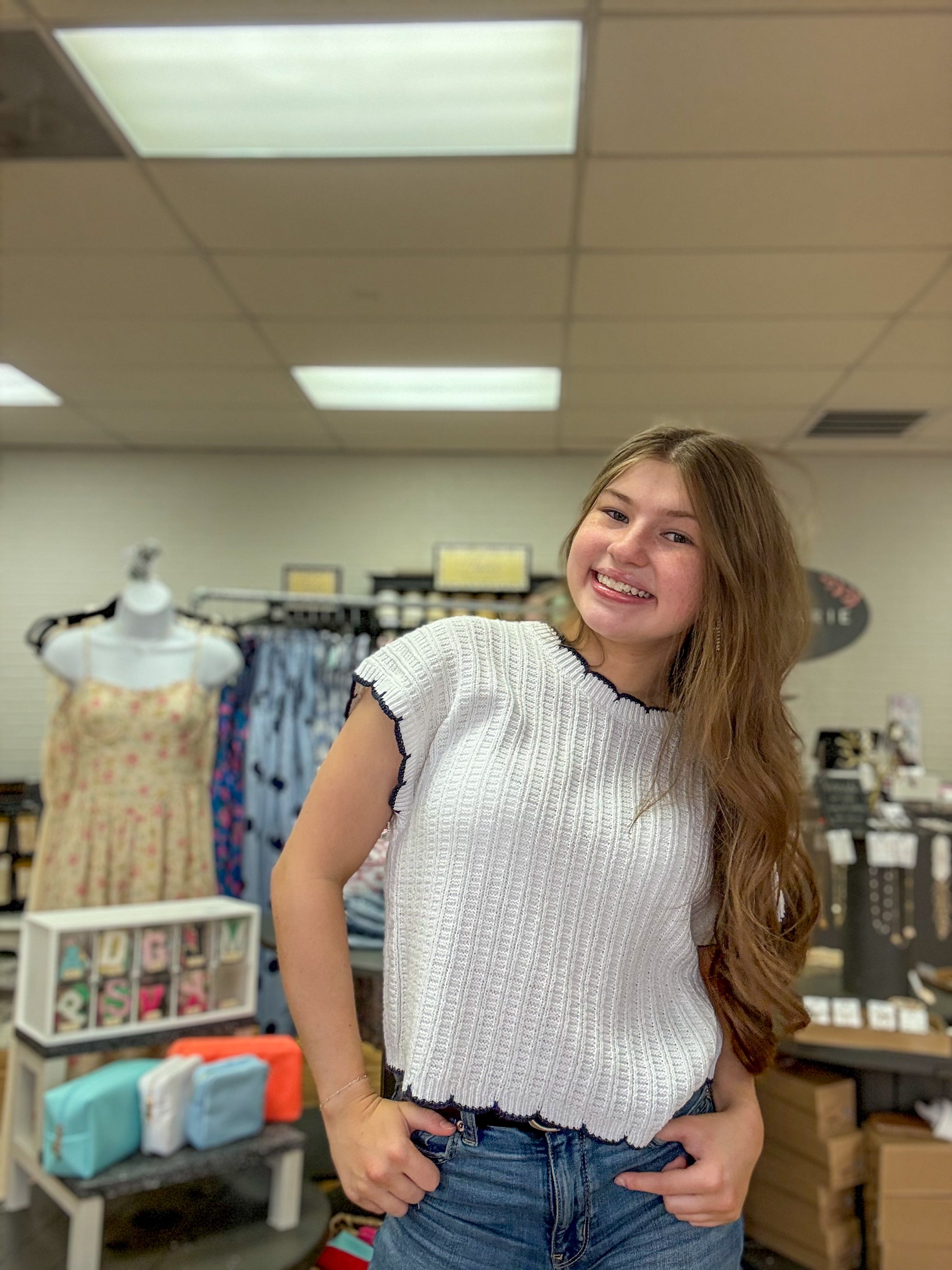 White Muscle Sweater w/ Navy Trim
