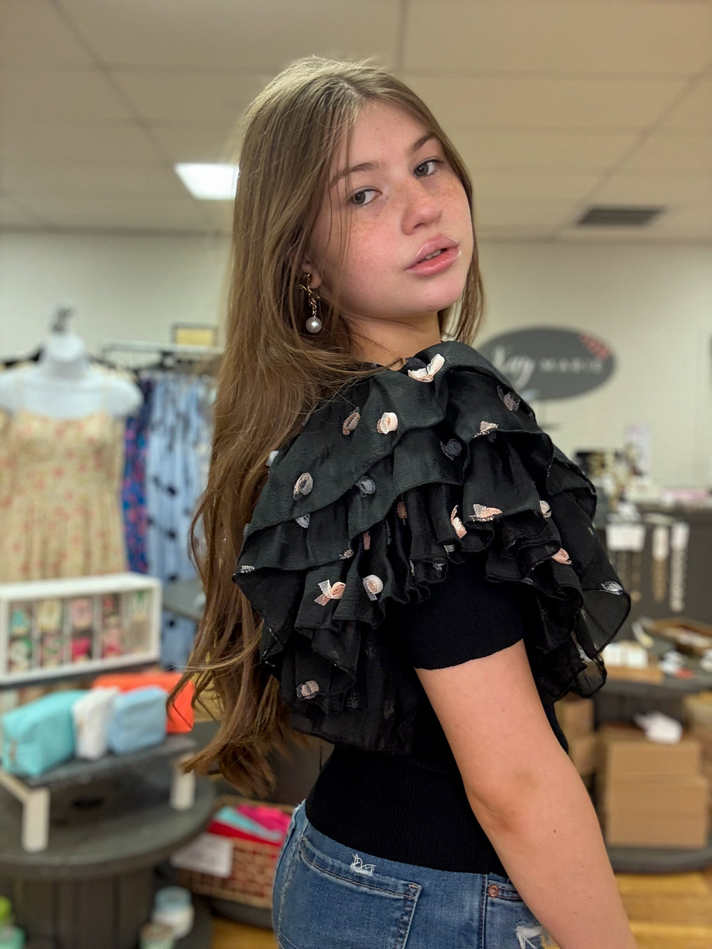 Black Top w/ Ruffle Sleeves