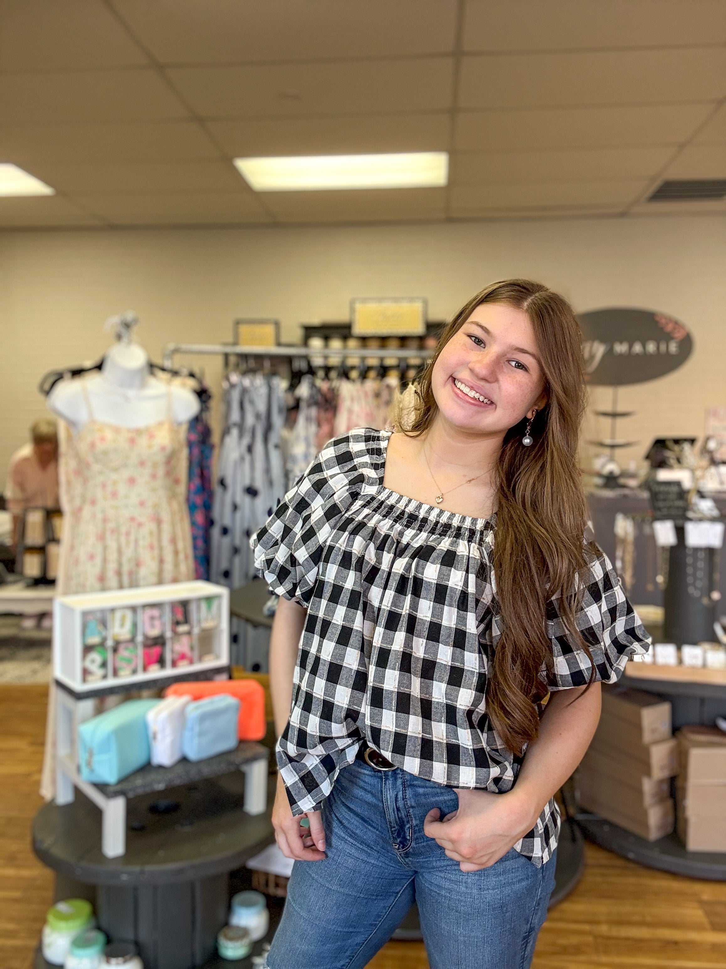 Gingham Top w/ Puff Sleeves