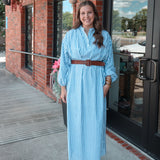 Blue Belted Striped Dress