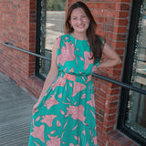 Green Floral Belted Maxi Dress