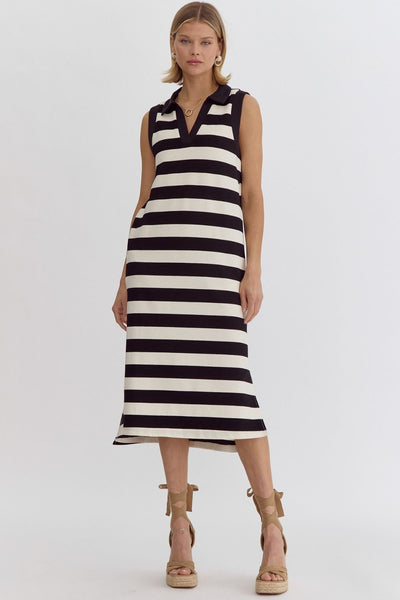 Navy Striped Sleeveless Midi Dress
