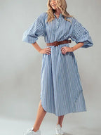 Blue Belted Striped Dress