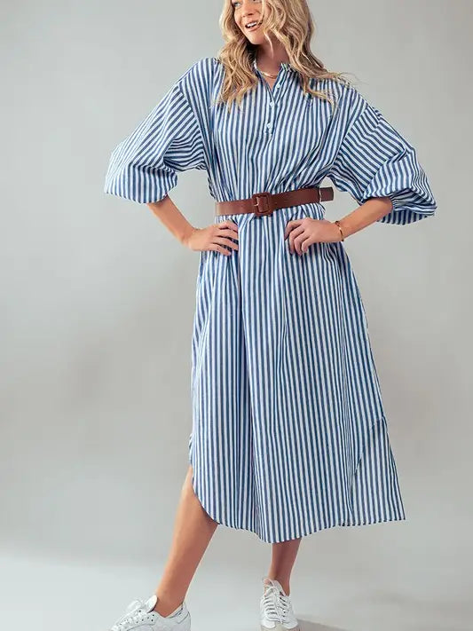 Blue Belted Striped Dress