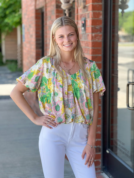Pink Green Floral Top - Kay Marie Boutique