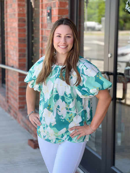 Green Floral w/Puff Sleeve Top - Kay Marie Boutique