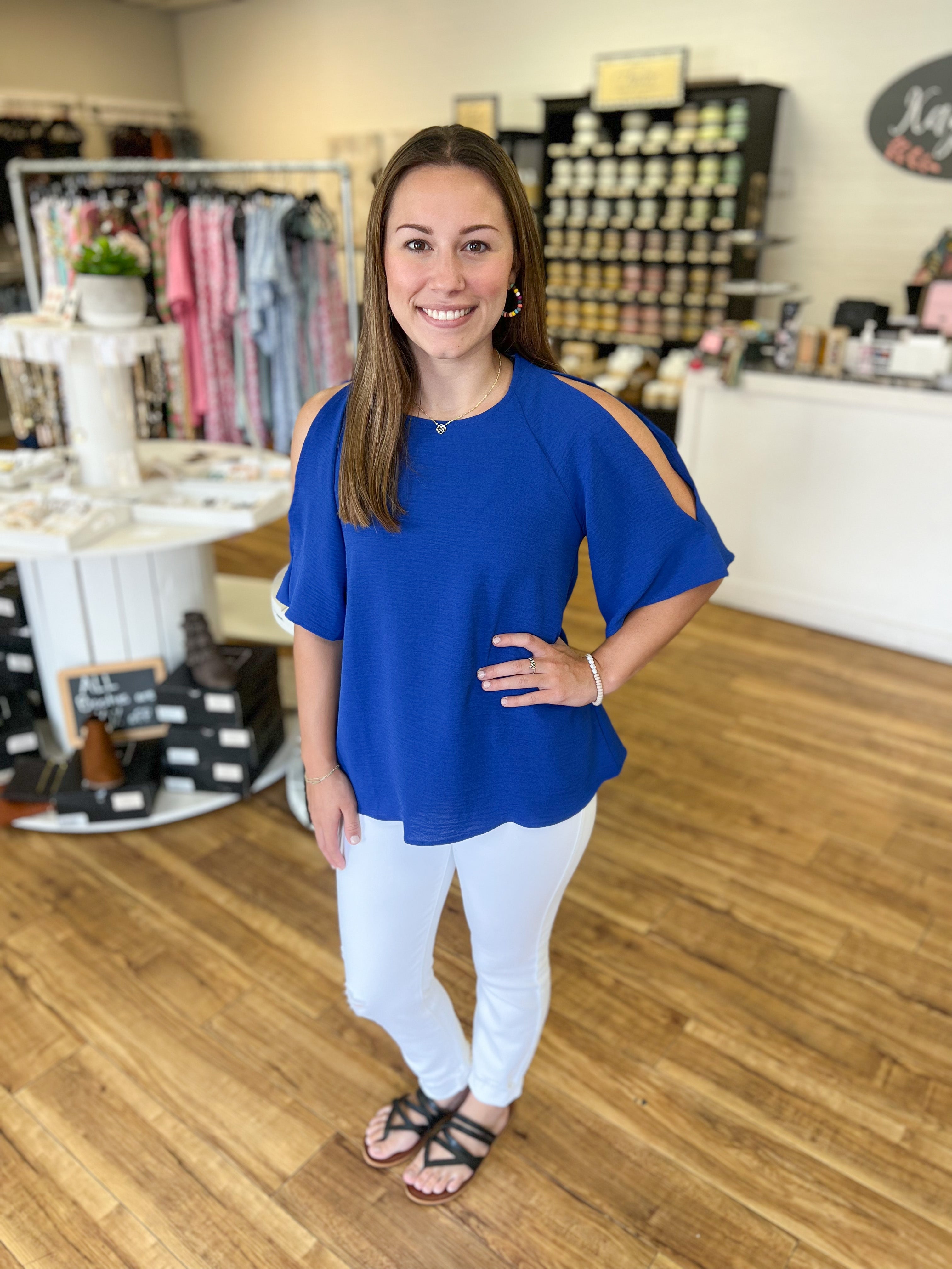 Royal Blue Open Sleeve Top - Kay Marie Boutique