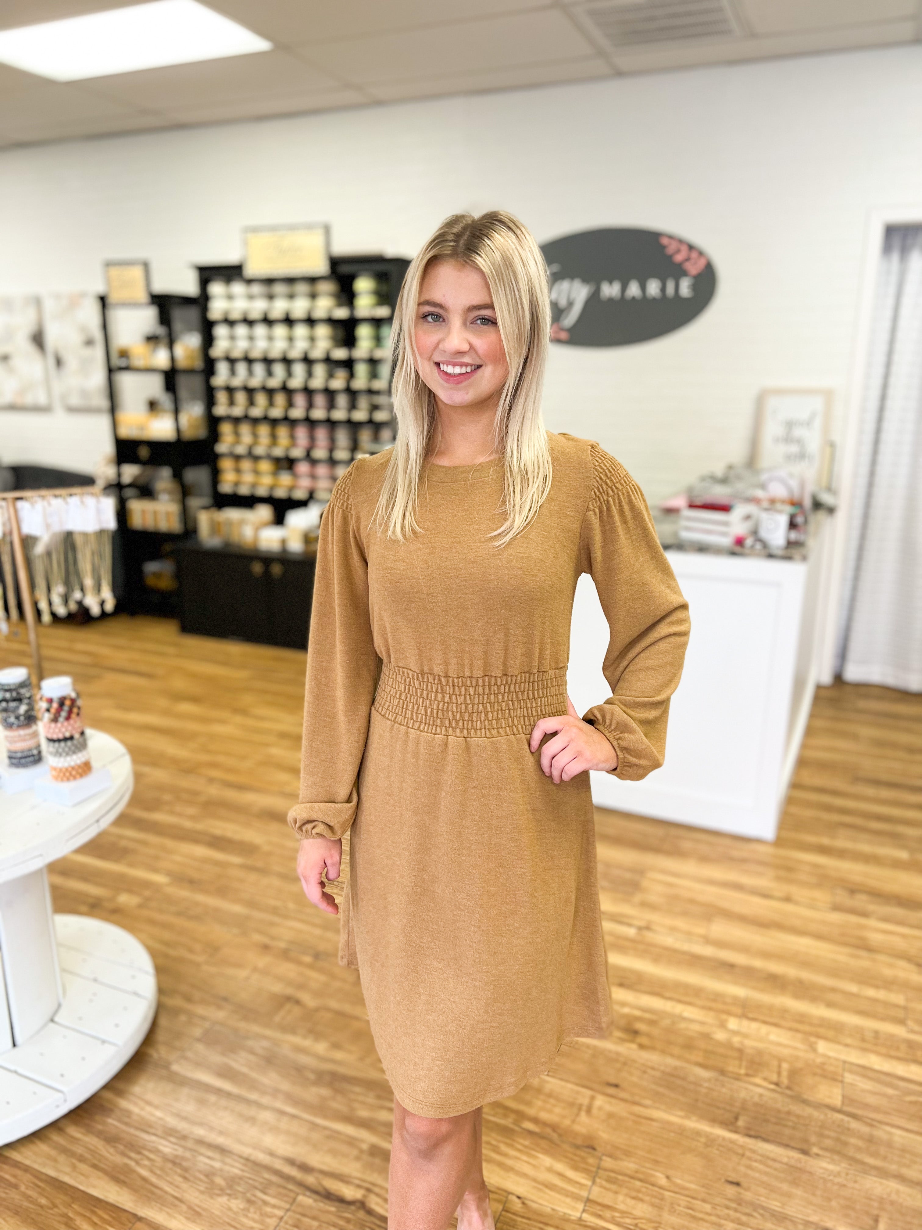 Camel Long Sleeve Smocked Mini Dress